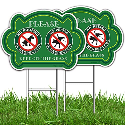 TOHAO No Peeing and No Pooping Dog Sign 2 Pack, Double Sided Please Be Respectful Keep Off The Grass Yard Signs with Metal Wire H-Stakes, 14" x 10", UV Protected & Waterproof, Outdoor Use