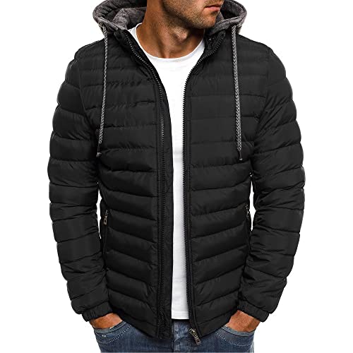 WENKOMG1 Puffer Jackets For Men,Solid Lightweight Packable Outerwear Zip Up Warm Cozy Jackets With Removable Hood,Winter Jacket Ski Jacket Fleece Jacket Heated Jacket For Men(A-Black,Large)