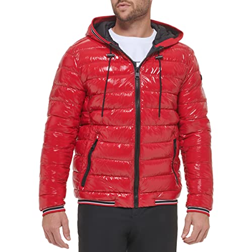 Calvin Klein Hooded Shiny Puffer Jackets, Winter Coats for Men, True Red, Large