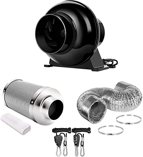 iPower 4 Inch 195 CFM Inline Fan Circulation Vent Blower, Air Carbon Filter, 8 Feet Ducting and 1-Pair Rope Combo for Grow Tent Ventilation, Low noise