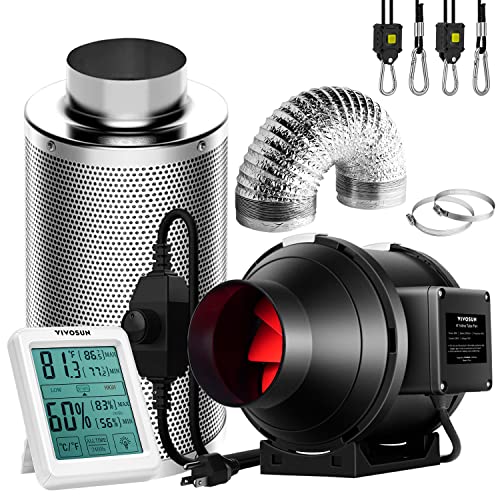 VIVOSUN 4 Inch 190 CFM Inline Fan with Speed Controller, 4 Inch Carbon Filter and 8 Feet of Ducting, Temperature Humidity Monitor for Grow Tent Ventilation