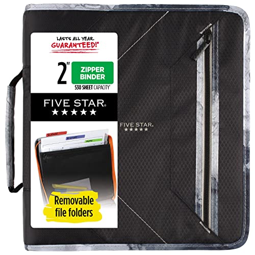 Five Star Zipper Binder, 2 Inch 3-Ring Binder with Removable File Folders, 380 Sheet Capacity, Black/Gray (29036IT8)