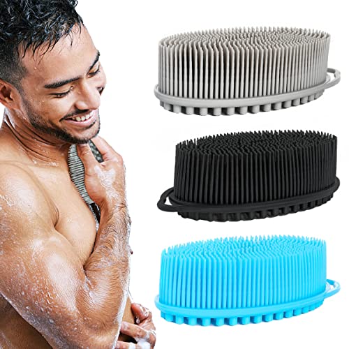 Silicone Loofah Exfoliating Silicone Body Scrubber Set of 3 Soft Body Exfoliator Bath Sponge Shower Loofah Scrubber Brush for Sensitive Kids Women Men All Kinds of Skin (Silicone-Black/Gray/Blue)