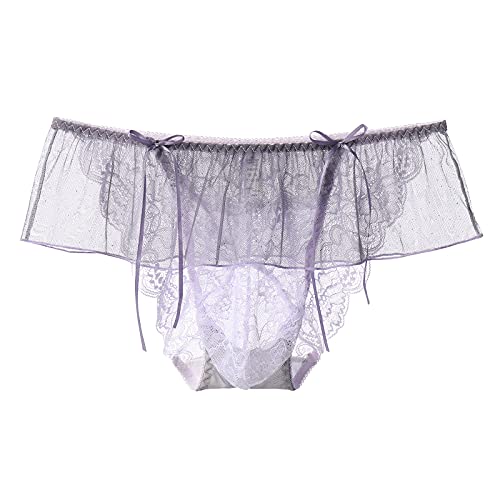 ABAFIP Men's Sissy Panties Low Rise Sheer Lace Mesh Floral Skirted Thong Underpants Bikini Briefs Crossdressing Underwear Purple One Size