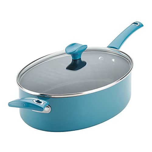 Rachael Ray Cityscapes Nonstick Saut Pan with Lid and Helper Handle, 5 Quart, Turquoise