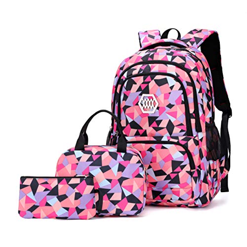 Geometric-Print Backpack and Lunch-Bag Set for Girls-Boys Middle-School Elementary Bookbags, 3Pcs School Bag with Lunch Bag Pencil Case
