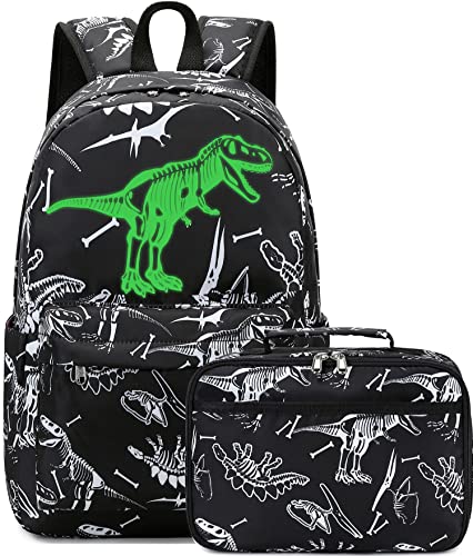 LEDAOU Kids School Backpack with Lunch Box for Boy Kindergarten BookBag School Bag Preschool Kindergarten Toddler Backpack (Luminous Tyrannosaurus)