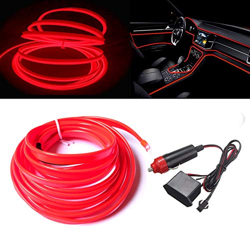 MaxLax El Wire Red Interior Car LED Strip Lights , 3m neon Wire 12V with Fuse Protection for Automotive Car Interior Decoration with 6mm Sewing Edge
