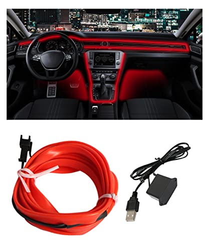 AOCISKA 16FT USB El Wire,LED Strip Under Dash Lighting Kit,Car Interior Neon Rope Strip Lights with Sewing Edge,Electroluminescent Car Ambient Lighting Kits with Fuse Protection (Red)