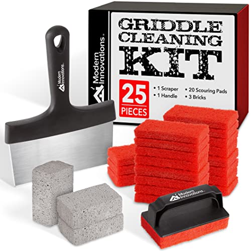 Modern Innovations Griddle Cleaning Kit - 20 Scouring Pads, 3 Grill Bricks, 1 Indoor Grill Scraper, 1 Handle, Pumice Stone Brick, Compatible with Blackstone & Weber, BBQ Flat Top Cleaner Accessories