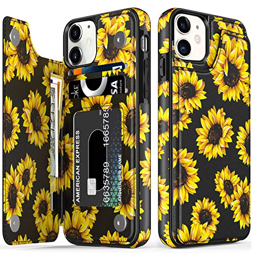 LETO iPhone 12 Case,iPhone 12 Pro Case,Flip Folio Leather Wallet Cover with Fashion Floral Flower Designs for Girls Women,Kickstand Card Slots,for iPhone 12/12 Pro 6.1" Blooming Sunflowers