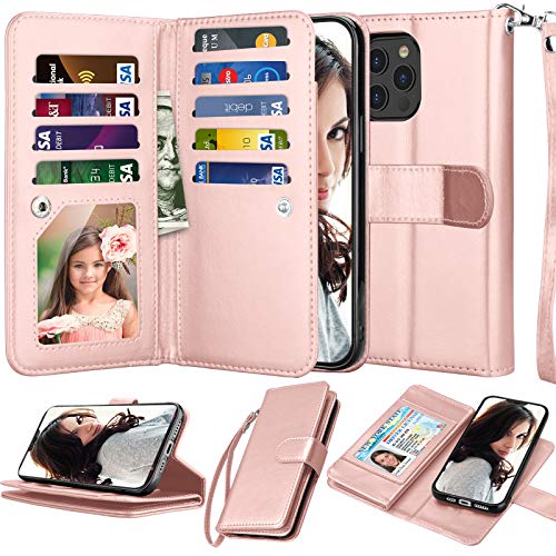 Njjex Compatible with iPhone 12 Case/iPhone 12 Pro Wallet Case 6.1 inch (2020), [9 Card Slots] PU Leather ID Credit Holder Folio Flip [Detachable] Kickstand Magnetic Phone Cover & Lanyard [Rose Gold]