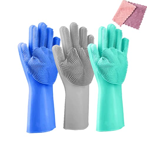 Louis Donn 3 Pairs Silicone Scrubber Gloves, Magic Dish Washing Gloves With Duster, Cleaning Brush Scrubber Gloves for Kitchen, Bathroom, Car, Pet Gromming