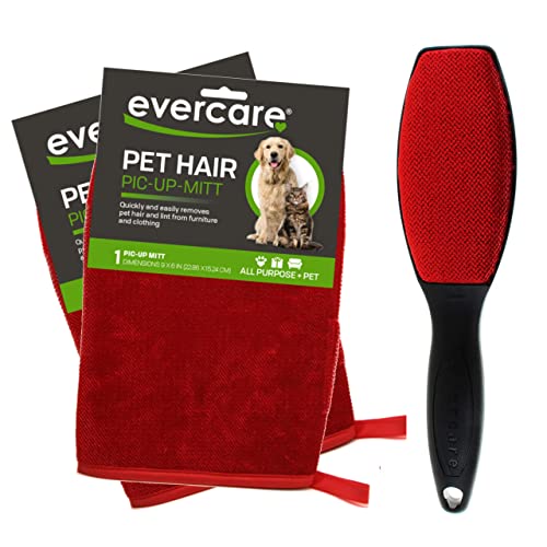 Evercare Pet Hair Remover Glove Pic-Up Mitt (2) and Magic Lint Brush (1) for Pets Clothes Furniture and Travel