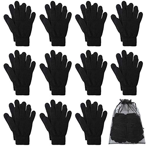 Cooraby 12 Pairs Winter Magic Gloves Stretchy Warm Knit Gloves with Mesh Storage Bag for Men or Women (Black, Length 8.3 inches)