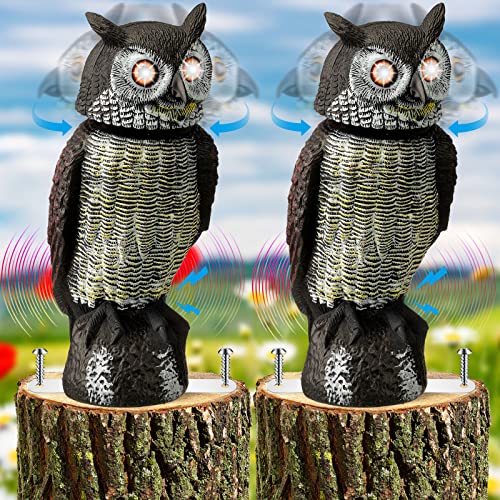 Solar Powered Fake Owl Animal Decoy Bird Scarecrow 180 Degree Rotation Head Waterproof Bird Repellent Light up Eyes and Owl Sound Realistic Look Highly Sensitive Motion Sensor Detects (2 PCS)