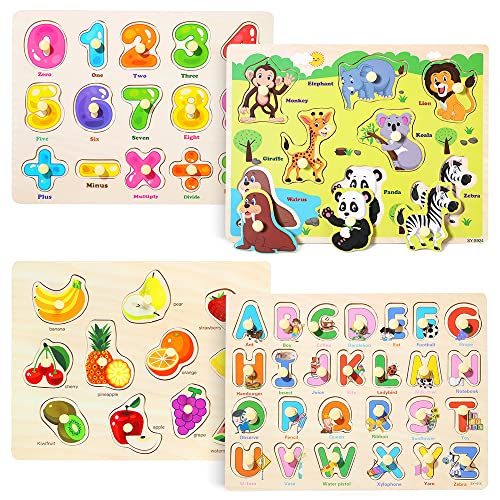 GRINNNIE Wooden Peg Puzzle for Toddlers 2 3 4 Years Old, 4 PCS Montessori Educational Learning Puzzles Set-Numbers, Letters, Animals and Fruits, Great Preschool Gifts for Girls and Boys