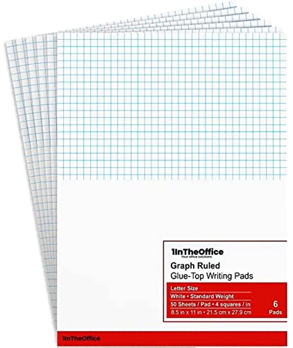 1InTheOffice Graph Paper Pads 8.5 x 11, Quadrille Pad Quad Ruled 8.5 x 11, 50 Sheets/Pad, 6 Pads/Pack