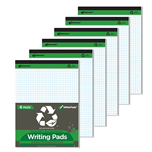 KAISA Legal Pad Quad Ruled Writing Pads, Graph Ruled 8.5"x11.75" Legal Pad, Recycled Paper Pads, White 6pad, KSU-7525