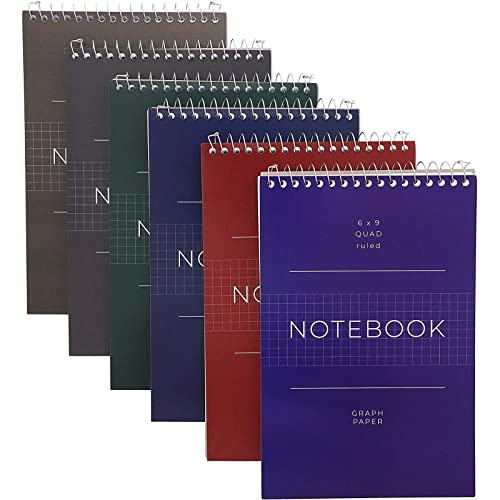 Juvale 6-Pack Quad Ruled 6x9 Inch Top Bound Spiral Notebook, 80 Graph Paper Sheets, Steno Pads for Writing, Sketching, School, Engineering, Math Assignments (6 Assorted Colors)