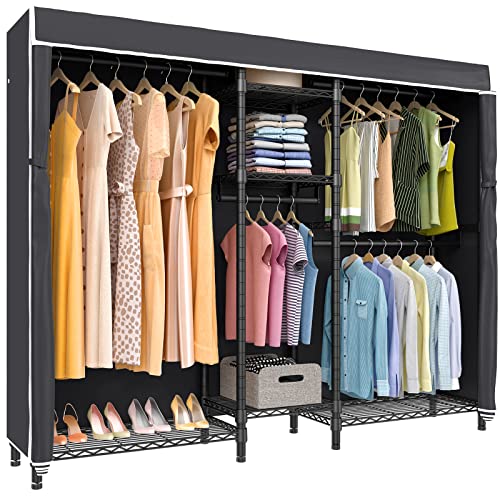 VIPEK V6C Heavy Duty Covered Clothes Rack 5 Tiers Wire Garment Rack Large Size Wardrobe Closet Black Metal Clothing Rack with Black Oxford Fabric Cover, 75.6" L x 18.5" W x 76.8" H, Max Load 780 LBS
