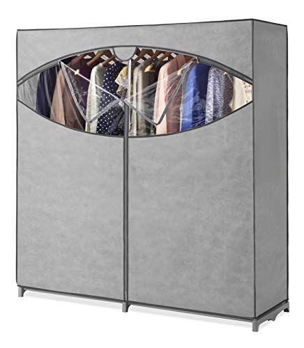 Whitmor Portable Wardrobe Clothes Storage Organizer Closet with Hanging Rack - Extra Wide -Grey Color - No-tool Assembly - Strong & Durable - 60inW x 19.5inD x 64in L - Not for outside use
