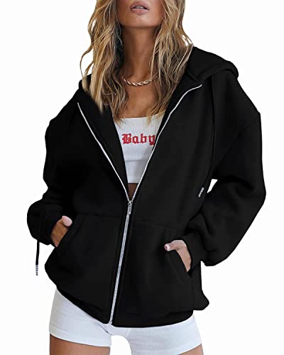 Trendy Queen Womens Grunge Clothes Zip up Hoodies 2022 Fall Oversized Sweatshirt Fleece Jackets Long Sleeve Comfy Aesthetic Teen Girls Trendy Cute Y2K Zipper Tops with Pocket Black