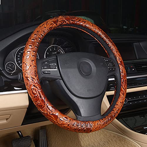 Follicomfy Leather Auto Car Steering Wheel Cover,Anti Slip Universal 15 Inch,Brown Crocodile with Rose Grain