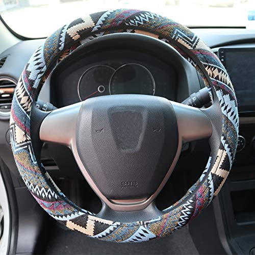 SHIAWASENA Car Steering Wheel Cover, Coarse Flax Cloth, Ethnic Style, Universal 15 Inch Fit, Anti-Slip Sweat-Absorbent (I#)