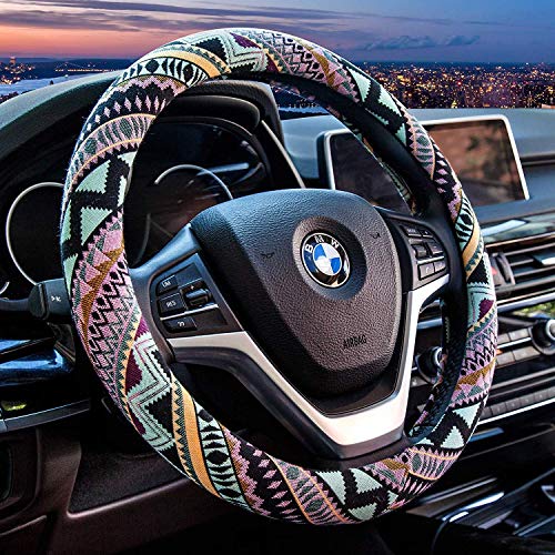 Valleycomfy Cloth Steering Wheel Covers for Women Bohemian Universal 15 inch Baja Blanket Enthic Maya