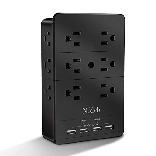Multiple Plug Outlet Extender Nikleb, Surge Protector 12 Outlets, Plug Extender with 4 USB Ports Shared 4.8A, Wall Outlet Covers with Phone Holder, Charger Block Low Profile, USB Plug Space Saved