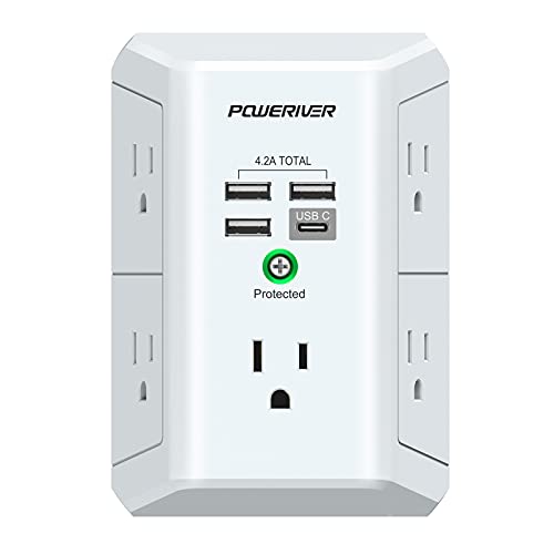 Multi Plug Outlet Extender with USB - POWERIVER Surge Protector with 5 Outlet Splitter and 4 USB Ports, 1680J Wall Outlet Adapter Spaced for Home School Office, ETL Listed, White