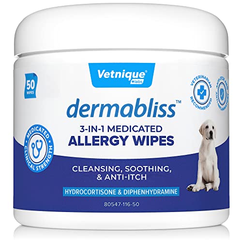 Vetnique Labs Dermabliss Dog Allergy and Itch Relief, Skin and Coat Health Supplements and Grooming Supplies with Omega 3-6-9, Biotin - Ditch The Itch (Itch Relief, 3-in-1 Allergy Wipes)