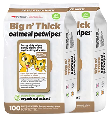 Petkin Pet Wipes for Dogs and Cats, 200 Wipes (Large)  Oatmeal Pet Wipes for Dogs and Cats  Soothes Itchy Dry Skin and Cleans Ears, Face, Butt, Body and Eye Area  2 Packs of 100 Wipes