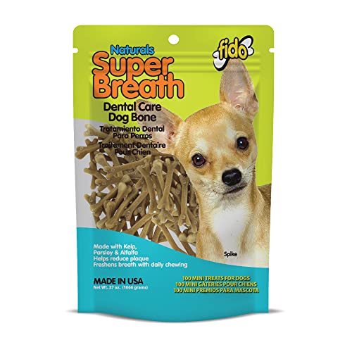 Fido Super Breath Dental Care Bones for Dogs - 100 Count Mini Dog Dental Treats for Extra Small Dogs (Made in USA) - Tasty Dog Dental Chews Help Reduce Plaque, Tartar Buildup, and Freshens Breath