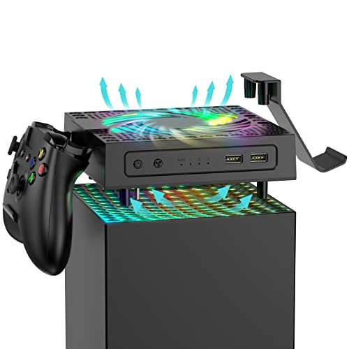 Automatic Cooling Fan for Xbox Series X Console, 2 Charging Stand Holder for Controller, Speed Change with Temperature, Low Noise, Colorful RGB Light, 2 USB Ports for Charging Data Transmission