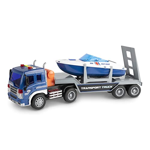 Speed Boat Transport Truck Toys Big Flatbed Truck Speed Boat 2 in 1 Playset for Kids Friction Powered Carrier and Trailer with Lights & Sounds for 3 4 5 6 7 Year Old Boys(Blue