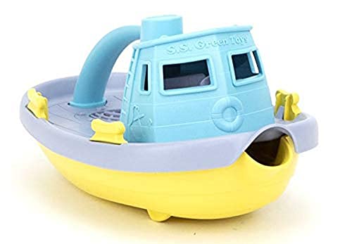 Green Toys Tugboat, Grey/Yellow/Turquoise Assorted - Pretend Play, Motor Skills, Kids Bath Toy Floating Pouring Vehicle. No BPA, phthalates, PVC. Dishwasher Safe, Recycled Plastic, Made in USA.