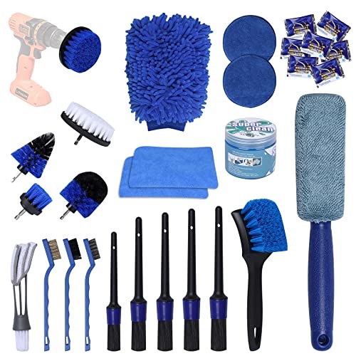 Car Cleaning Tools Kit,30 PCS Car Detailing Brush Set,Driller Attachment Set with Wash Mitt Sponge Towels Tire Brush Duster Complete Interior Car Care Kit