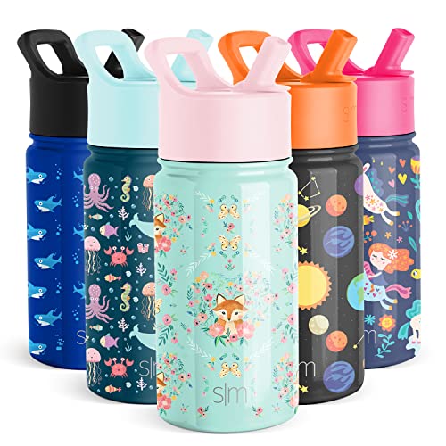 Simple Modern Kids Water Bottle with Straw Lid | Insulated Stainless Steel Reusable Tumbler for Toddlers, Girls, Boys | Summit Collection | 14oz, Fox and the Flower