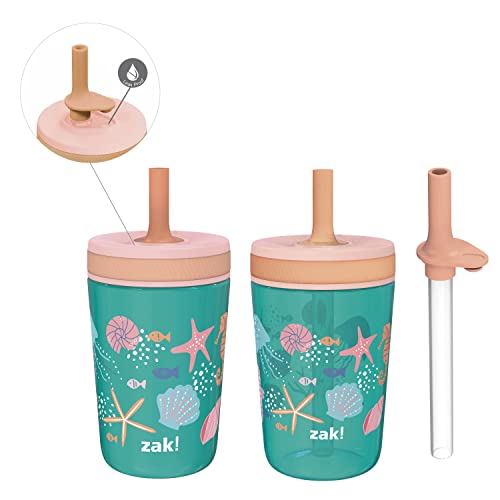 Zak Designs Shells Kelso Tumbler Set, Leak-Proof Screw-On Lid with Straw, Bundle for Kids Includes Plastic and Stainless Steel Cups with Bonus Sipper (3pc Set, Non-BPA) 15 fl.oz.