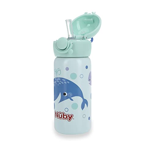 Nuby Thirsty Kids No Spill Flip-It Active Stainless Steel Travel Cup, 14 Oz, Whale