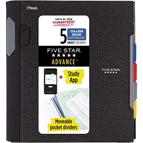 Five Star Spiral Notebook + Study App, 5-Subject, College Ruled Paper, Advance Notebook with Spiral Guard, Movable Tabbed Dividers and Expanding Pockets, 8-1/2" x 11", 200 Sheets, Black (73144)