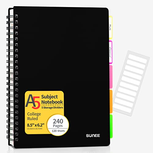 SUNEE A5 Subject Notebook College Ruled - 240 Pages, 5.5"x8.2", Spiral Lined Notebook with 5 Pocket Colored Dividers, Black Notebooks for School Supplies, Home & Office, Writing Journal