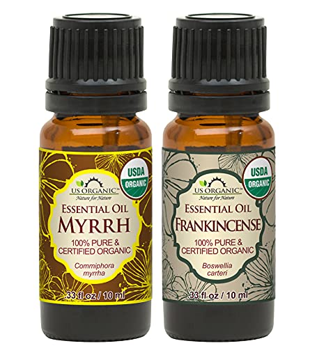 US Organic 100% Pure Myrrh, Frankincense Essential Oil Combo Pack - Directly sourced from The Horn of Africa - USDA Certified Organic - Use Topically or in Diffuser (10 ml Combo)