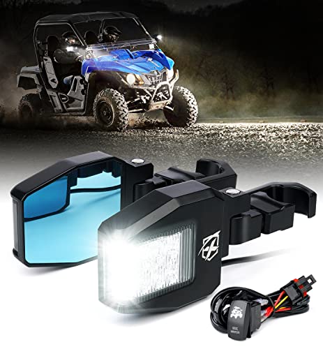 Xprite UTV Side View Mirrors Aluminium w/LED Spot Lights Clear Lens Compatible with 1.75"-2" Roll Cage Bar for Pioneer Polaris RZR Side by Side Can Am X3 Kawasaki Teryx Mule Yamaha Rhino Wolverine
