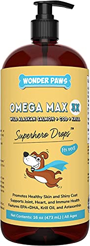 Wonder Paws Fish Oil For Dogs - Omega 3 For Dogs From Alaskan Salmon, Cod & Krill Oil - EPA DHA Fatty Acids - Less Shedding & Itching - Skin, Joint, Immune & Heart Health - 16 oz Pet Liquid Supplement