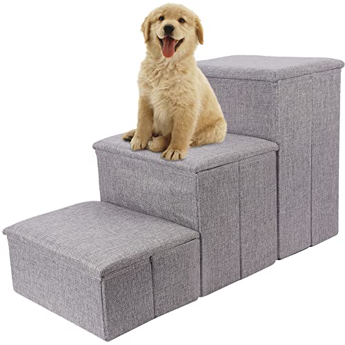 yofit Dog Stairs with Storage, Foldable Pet Steps for High Beds, 3-Step Pet Stairs Ramp Puppy Toy Storage Box for Dogs Cats Small Pets (Gray)