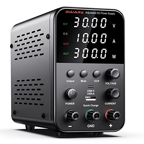 DC Power Supply Variable, 30V 10A Bench Power Supply with Encoder Knob, 4-Digits Display, Adjustable Regulated lab Power Supply with 5V 3.6A USB & Type-C Quick-Charge, Output Switch