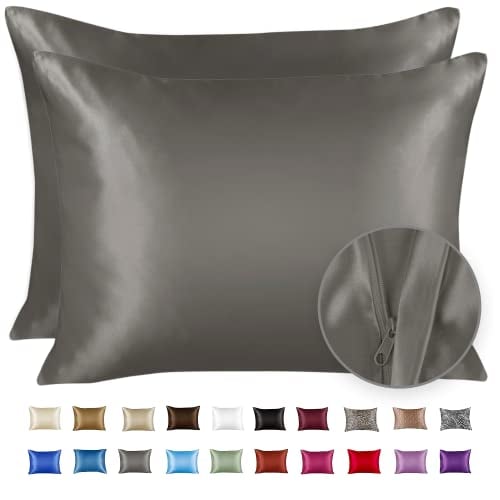 ShopBedding Satin Pillowcase for Hair and Skin Silk Pillowcases 2 Pack, Luxury Satin Pillowcases with Zipper Closure, Satin Pillow Case Cover, Standard Silk Pillowcase for Hair & Skin, Grey, Set of 2